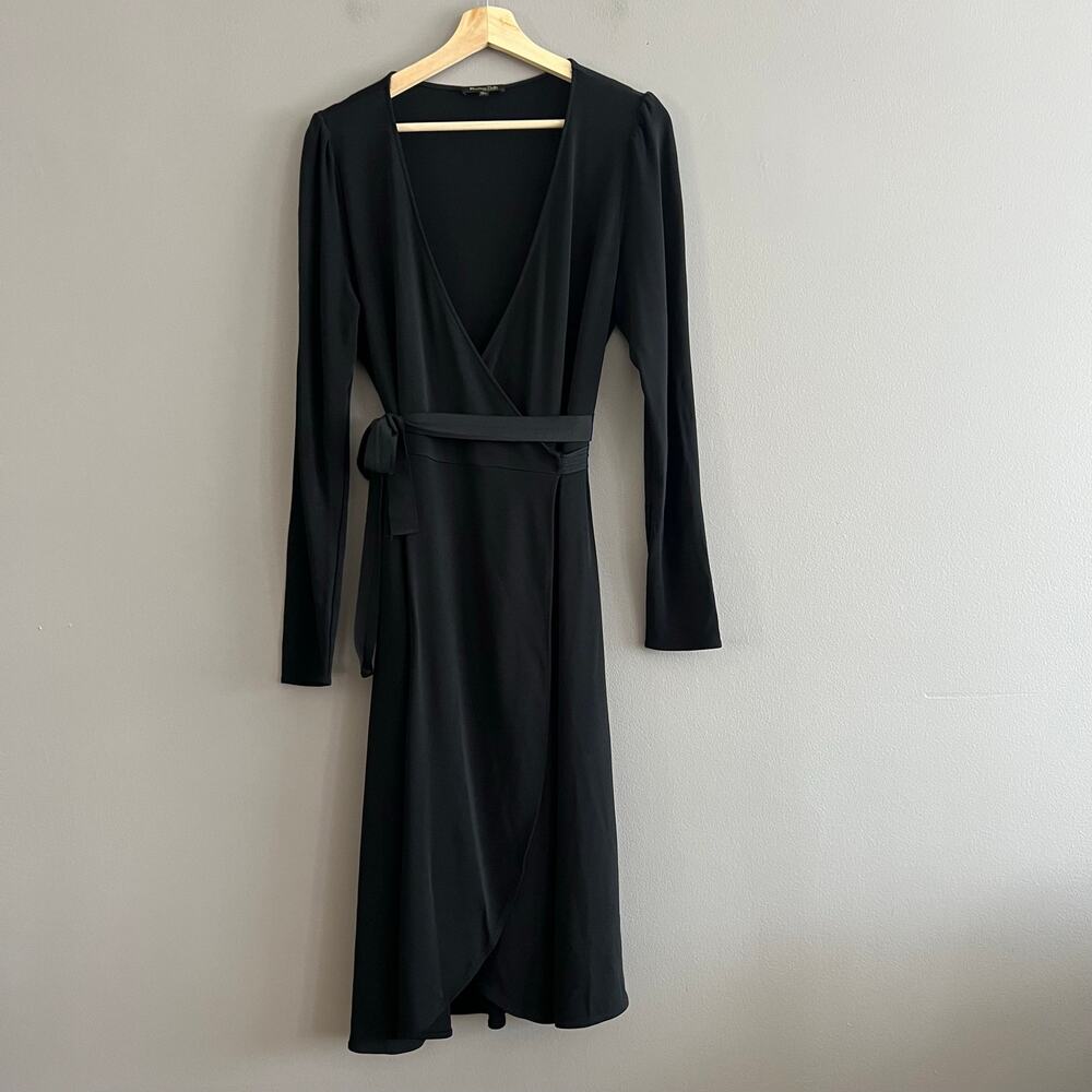 Massimo Dutti Black Wrap Knee Length Dress Viscose Collared Long Sleeve Size L